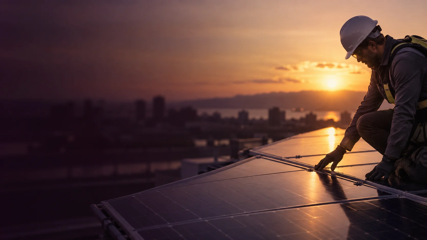 A technician inspecting solar panels at sunset.